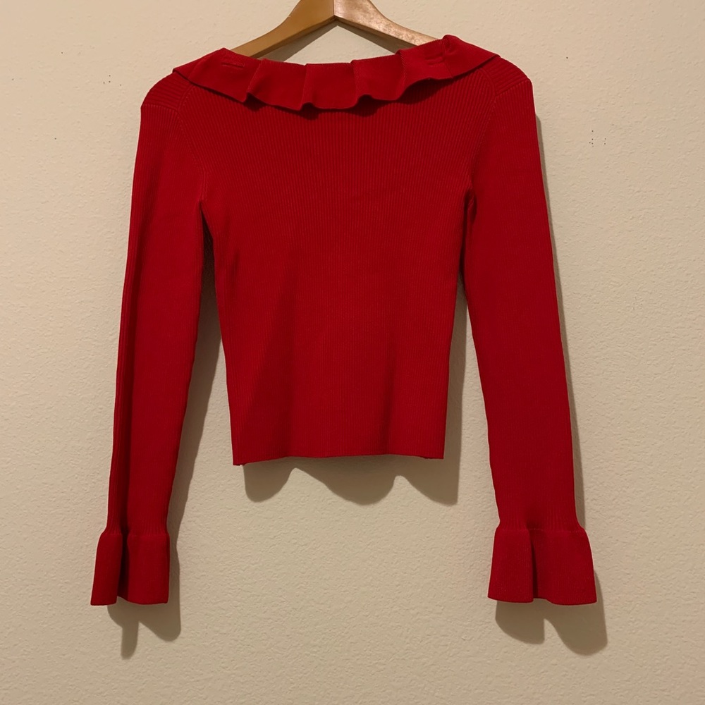 Red Long-Sleeve Ruffled Crop Top (Ribbed) - Picture 6 of 14
